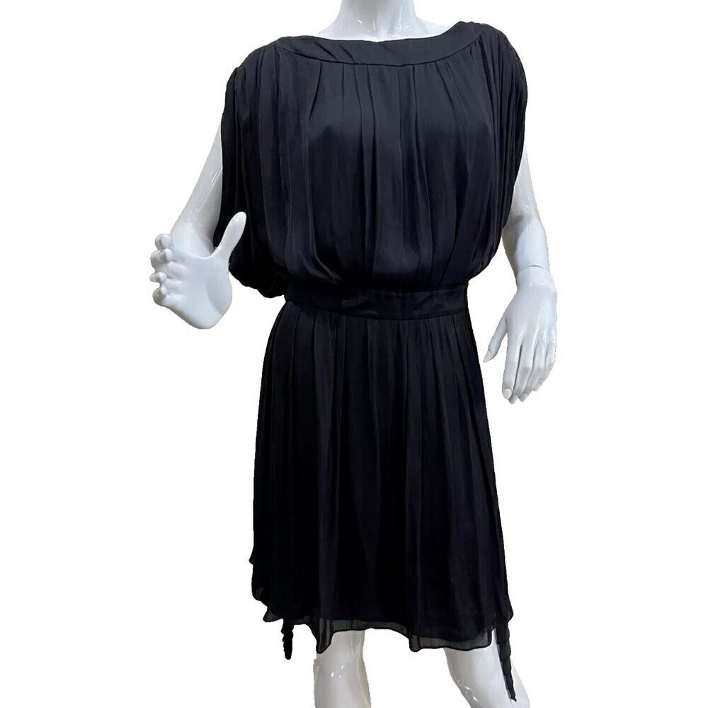 Nina Ricci Black Silk/Linen Sleeveless Knee-Length Pleated Dress FR 40/US 8 - Picture 2 of 8
